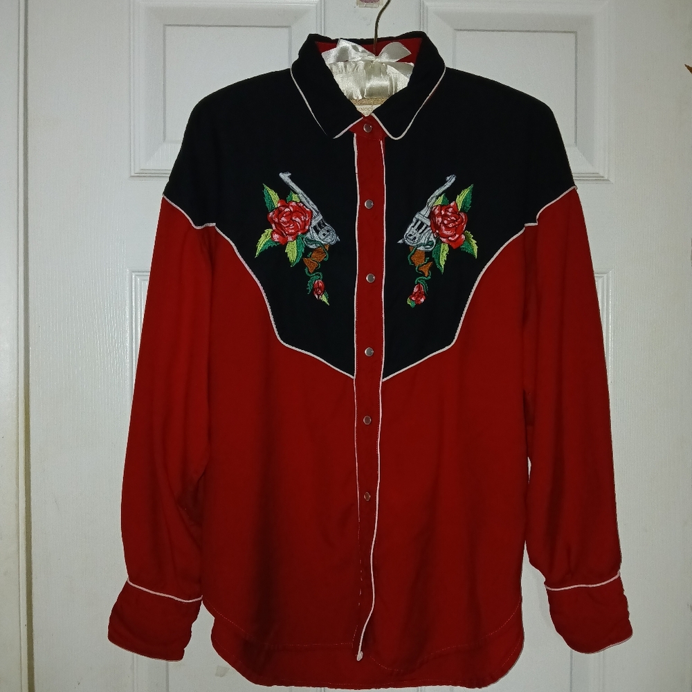 Western Style Red and Black Embroidered Gun & Rose Button Up Shirt